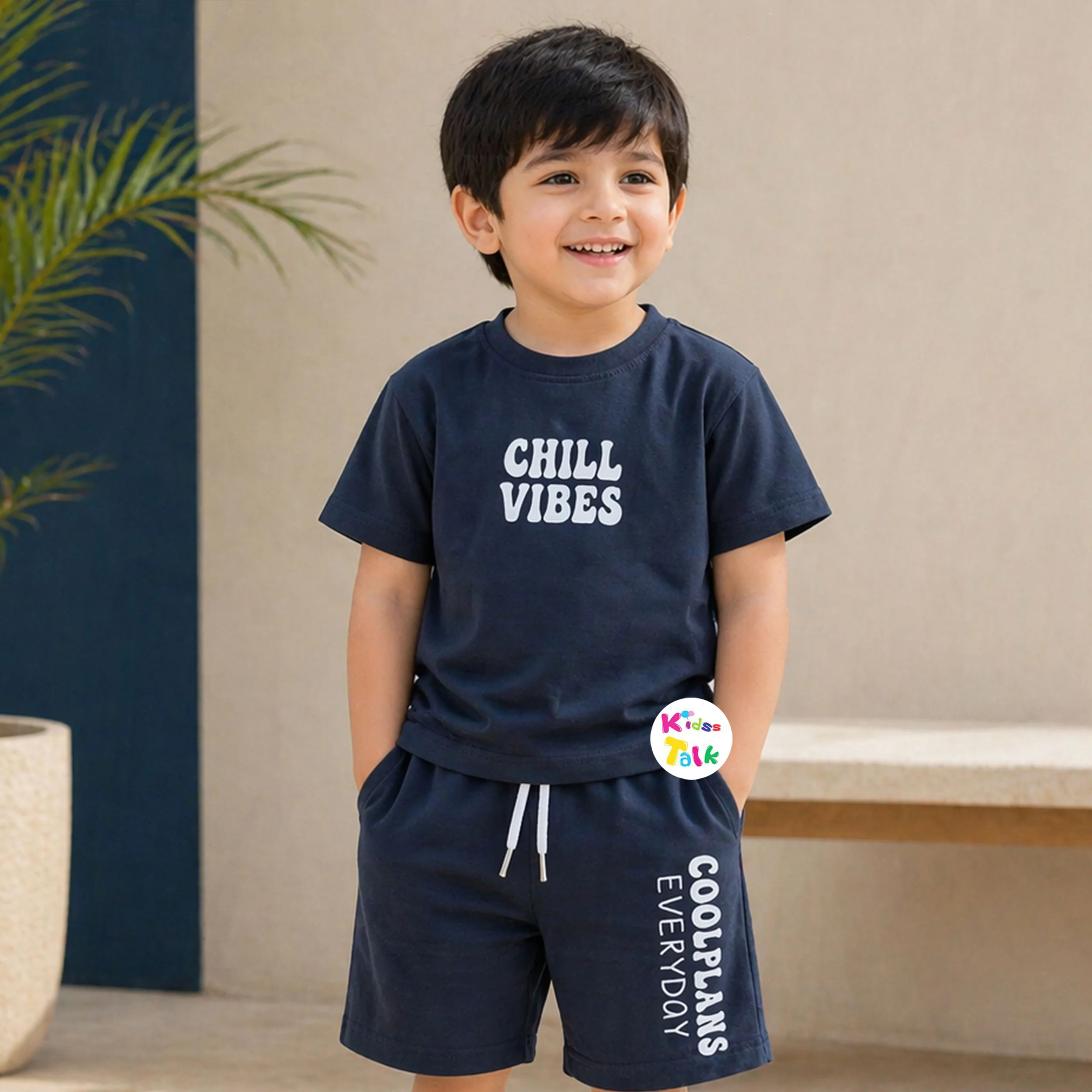 Cotton Knitted Half Sleeve T-shirt Set With Cute Print - Dark Grey